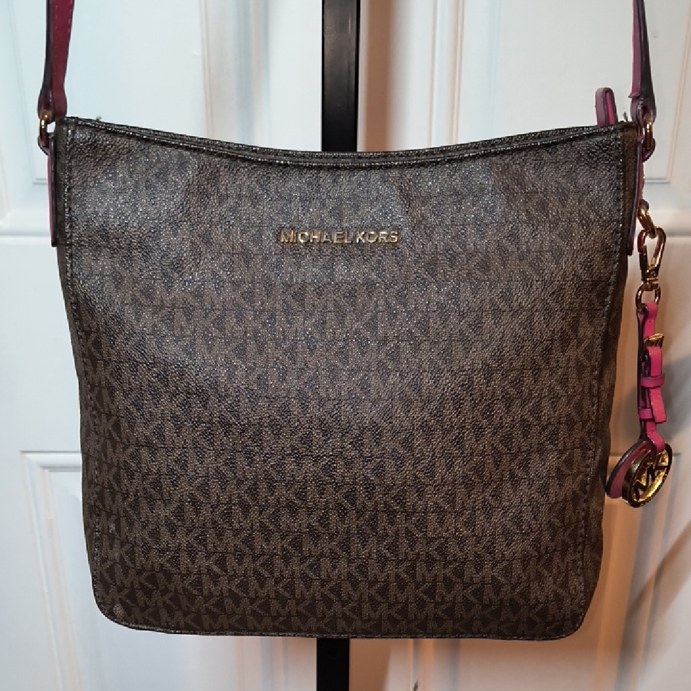 Michael Kors Brown/Pink Signature MK Crossbody Purse/Bag